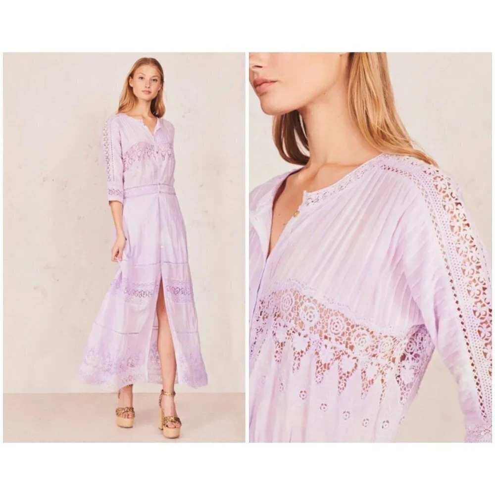 LoveShackFancy Lavender Purple Tie Dye Crochet‎ Lace Cotton Maxi Dress Petite P - Picture 1 of 12